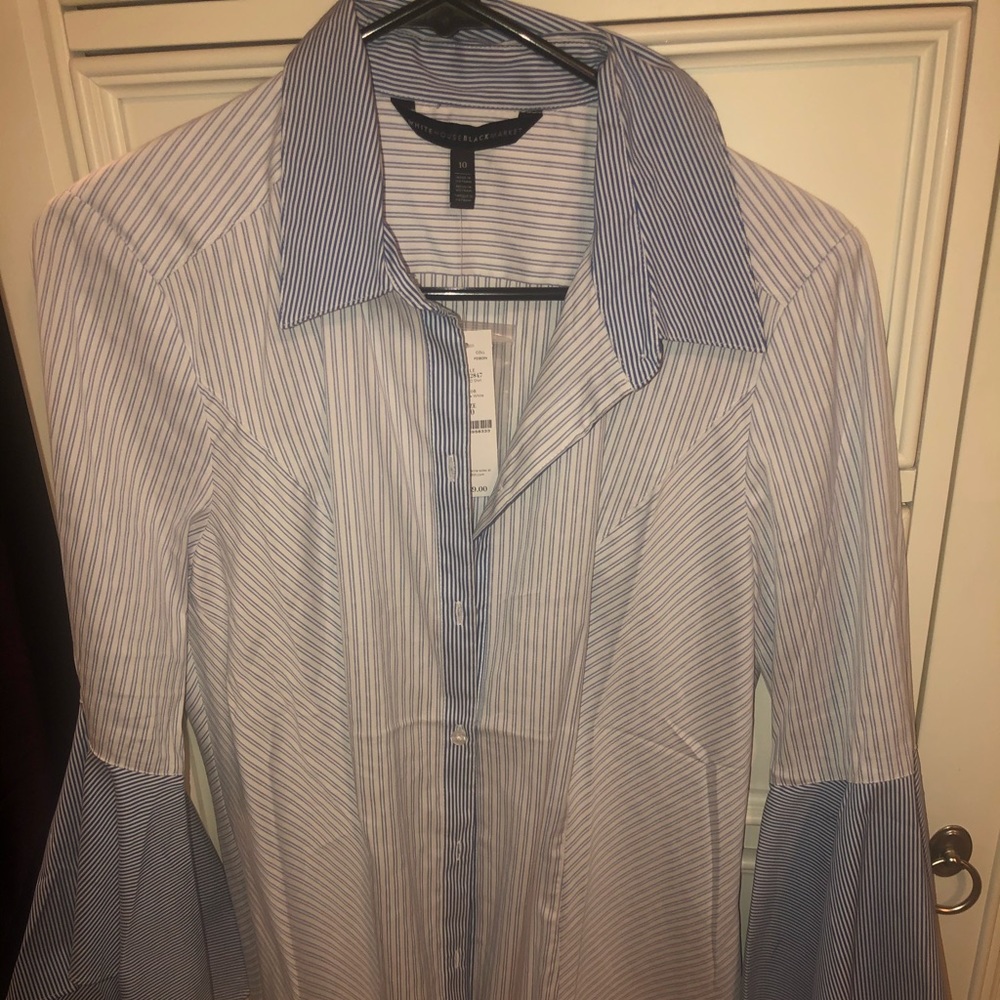 Blue and White fitted shirt w/Balloon sleeves